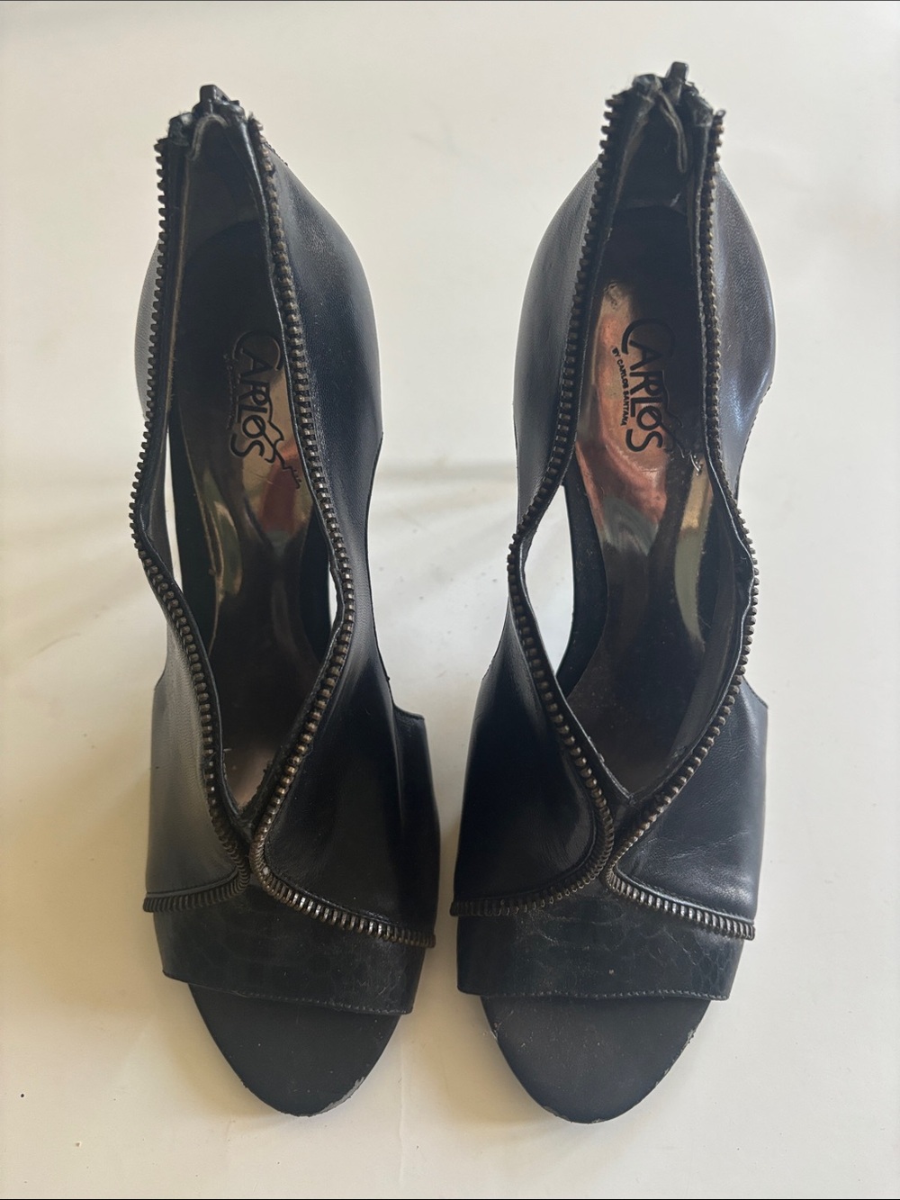 Carlos by Carlos Santana Black Zip-Trim Peep Toe Heels